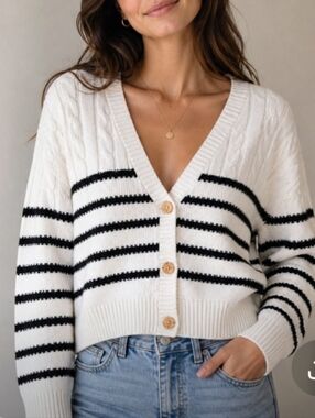Jessica Simpson White and Black Striped Cable-Knit Button Cardigan